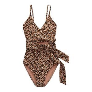 Aerie Womens Leopard Beachy Print Wrap One Piece Swimsuit Tie Waist Cutout Sz XL